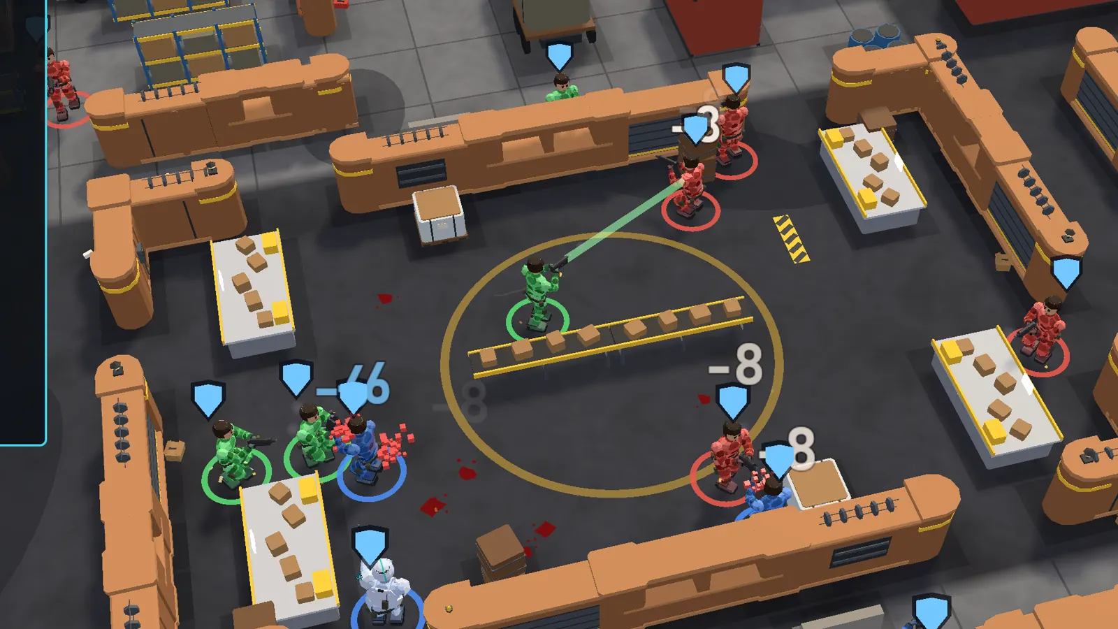 A three-way 8v8v8 battle on Depot: three factions at cover round the middle