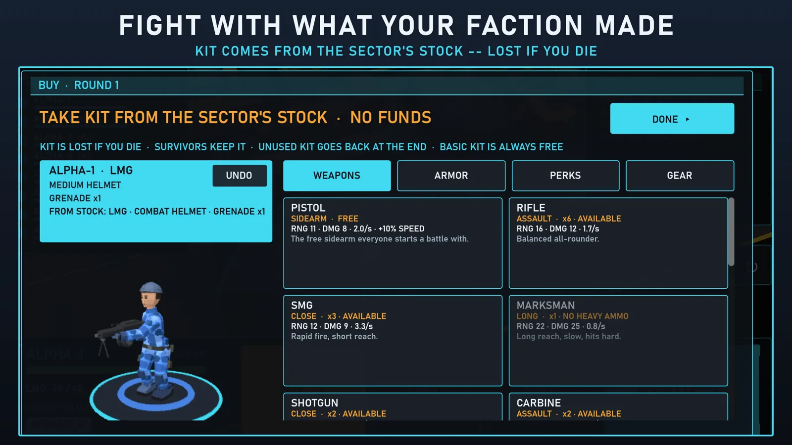 The buy menu: take kit from your sector's stock
